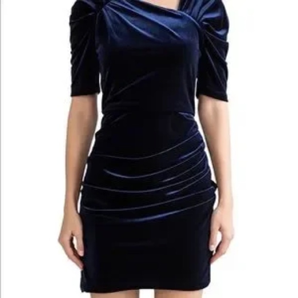 Shoshanna Navy Velvet Puff Sleeve Ruched Allen Mini Dress